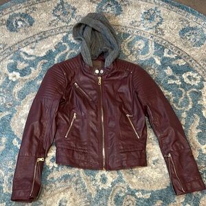 Ci Sono Maroon Faux Leather Jacket with Charcoal Removable Knit Hood